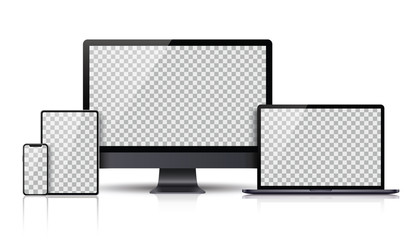 Wall Mural - realistic set of monitor, laptop, tablet, smartphone dark grey color - stock vector.