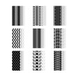 © IMG visuals icons - Track traces drop shadow black glyph icons set. Detailed automobile, motorcycle, bike tyre marks. Car summer and winter wheel trace. Vehicle tire trail. Isolated vector illustrations on white space