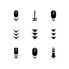Scroll down buttons black glyph icons set on white space. Internet page browsing and download indicators. Computer mouse and downward arrows. Silhouette symbols. Vector isolated illustration