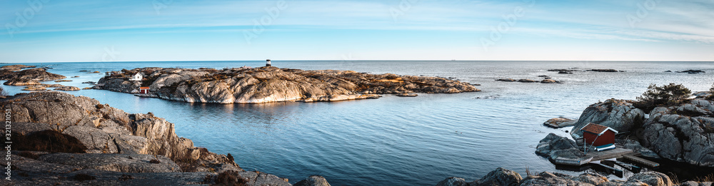 Panoramic view of  small islands of archipelago   along the coast of Southern Norway - obrazy, fototapety, plakaty 