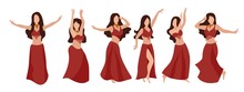 Vector Set Of Beautiful Brunette Girls Dancing Oriental Belly Dance. Sexy Woman In A Red Dress. Body Positive And A Favorite Hobby. Design For Advertising Dance School, Print Posters, Flyers, Booklets