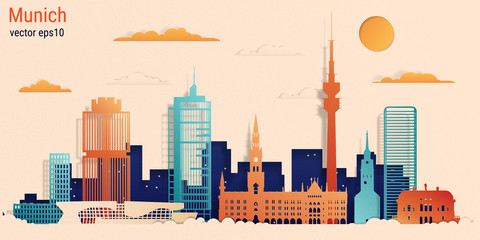 Wall Mural - Munich city colorful paper cut style, vector stock illustration. Cityscape with all famous buildings. Skyline Munich city composition for design.