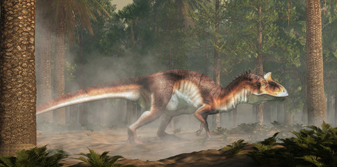 Aufkleber - Cryolophosaurus was a carnivorous theropod dinosaur, known for its distinctive crest, it lived during the Jurassic in Antarctica. Depicted in a forest. 3D Rendering.