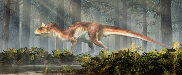 Aufkleber - Cryolophosaurus was a carnivorous theropod dinosaur, known for its distinctive crest, it lived during the Jurassic in Antarctica. Depicted in a forest. 3D Rendering.