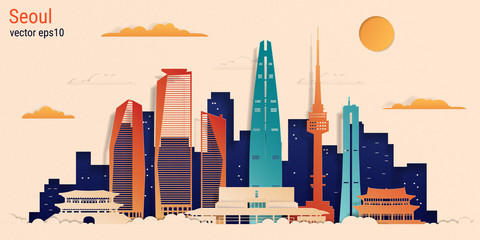 Wall Mural - Seoul city colorful paper cut style, vector stock illustration. Cityscape with all famous buildings. Skyline Seoul city composition for design.