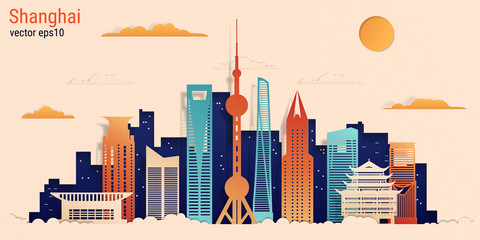 Wall Mural - Shanghai city colorful paper cut style, vector stock illustration. Cityscape with all famous buildings. Skyline Shanghai city composition for design.