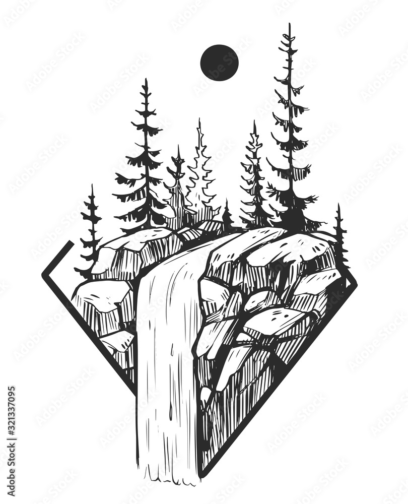 Wild natural landscape. Tattoo sketch. Transparent background. Hand drawn illustration converted to vector. Great for travel ads, brochures, labels, flyer decor, apparel, t-shirt print. - obrazy, fototapety, plakaty 