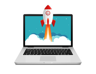 Wall Mural - Vector rocket launch website computer concept illustration. Business start rocket launch