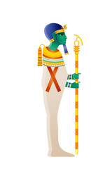 Ptah Egyptian god, demiurge of Memphis, creator deity. Ancient Egyptian god of craftsmen, architects. God with green skin in muumy shroud with Djed pillar. 3d realistic vector illustration isolated