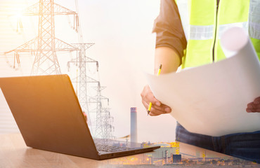 Wall Mural - Double exposure of Engineer working in control electrical room