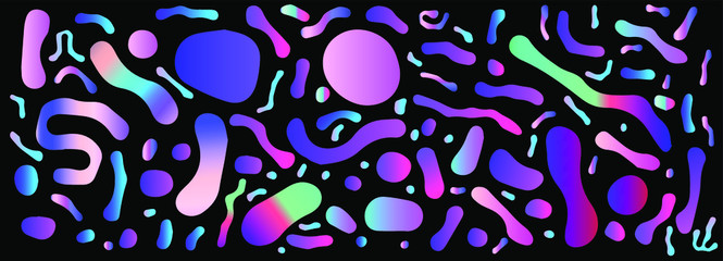 Wall Mural - Abstract colorful blobs set in gradient blue, cyan, pink, green colors. Hatched shapes and dots, flowing liquid, dynamical forms. Vector vaporwave style illustration.