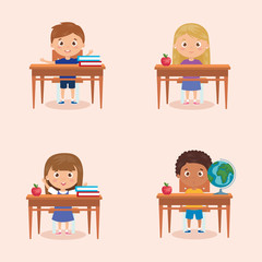 Wall Mural - set of children student sitting in school desk, back to school