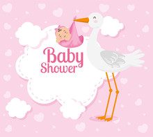 Baby Shower Card With Cute Stork And Decoration