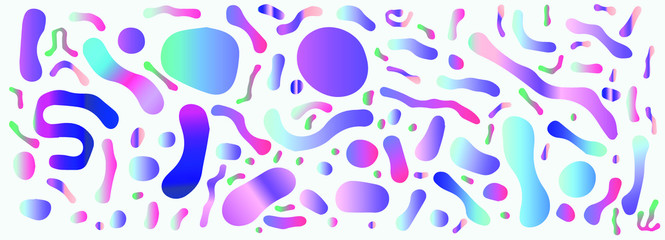 Aufkleber - Abstract colorful blobs set in gradient blue, cyan, pink, green colors. Hatched shapes and dots, flowing liquid, dynamical forms. Vector vaporwave style illustration.