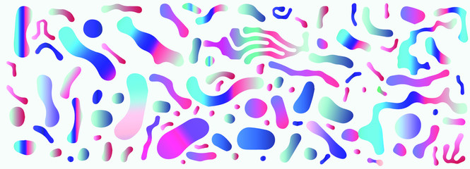 Aufkleber - Abstract colorful blobs set in gradient blue, cyan, pink, green colors. Hatched shapes and dots, flowing liquid, dynamical forms. Vector vaporwave style illustration.