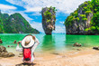 © day2505 - Stunning amazed nature scenic landscape with traveler woman on beach look joy James Bond island Famous landmark travel Phuket Thailand Tourism beautiful destination Asia Summer holidays vacation trips