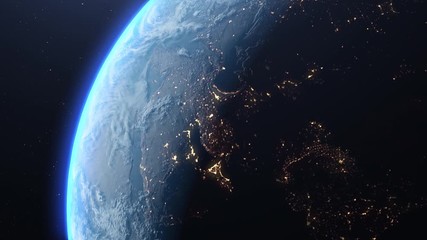 4k beautiful sunrise world skyline. planet earth from space. planet earth rotating animation. clip c
