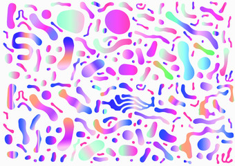 Wall Mural - Abstract colorful blobs set in gradient blue, cyan, pink, green colors. Hatched shapes and dots, flowing liquid, dynamical forms. Vector vaporwave style illustration.