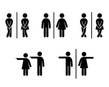 Set Of WC Sign Icon Vector Illustration On The White Background. Vector Man & Woman Icons. Funny Toilet Symbol	
