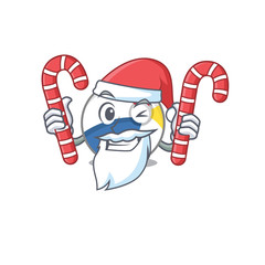 Poster - Beach ball Cartoon character wearing Santa costume bringing a candy