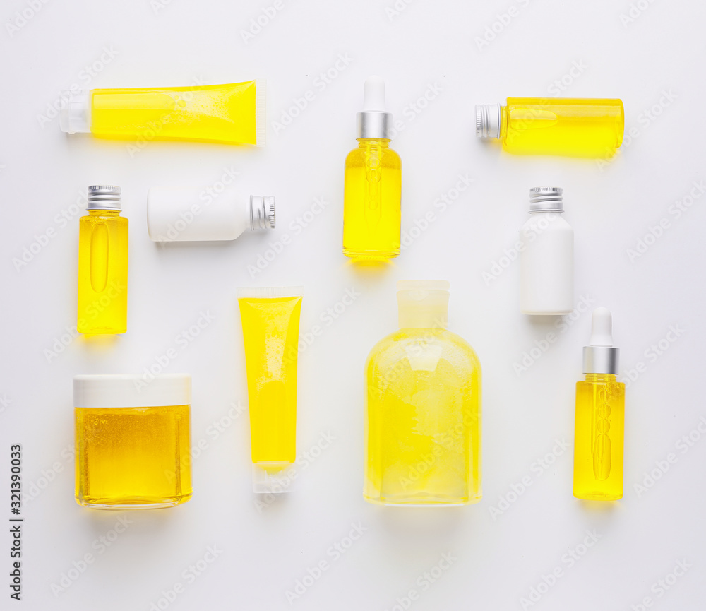 Different cosmetic products on white background