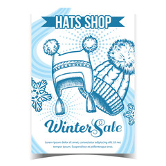 Canvas Print - Hats Shop Winter Sale Advertising Poster Vector. Hats With Fluffy Woolen Pompons And Snowflakes. Comfortable Warm Wearing Accessory. Monochrome Mockup Designed In Vintage Style Illustration