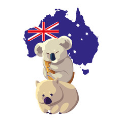 Sticker - koala and wombat with map of australia in the background