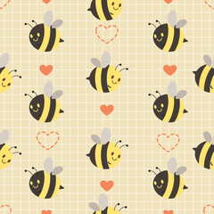 Wall Mural - The seamless pattern of cute bee and heart on the yellow background. The character of cute bee flying on the air with friends. The character of cute bee in flat vector style.