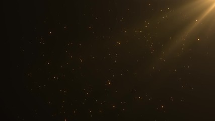 Wall Mural - Beautiful Golden Floating Dust Particles with Flare on Black Background in Slow Motion. Animation of Dynamic Wind Particles In The Air With Bokeh. Futuristic glittering fly movement loop in space.