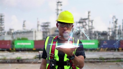 Wall Mural - Male Industrial Engineer Works with glasses shows a conceptual hologram Industrial robot arm consisting on blurred background of large industry 