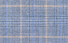 Beige Glenurquhart Check Is Made Of Blue Woolen Fabric. Classic  Wool Background Texture. Coat Close-up. Expensive Men's Suit
