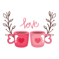 Canvas Print - cups coffee with love lettering and leafs