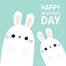 Happy Valentines Day. Two White Bunny Rabbit Hare Face Silhouette Family Set. Pink Blush Cheeks. Cute Cartoon Funny Pet Baby Character. Funny Kawaii Smiling Animal. Flat Design Blue Background.