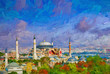 Beautiful landscape view from above during morning sunshine of Hagia Sophia Museum. The world famous monument of Byzantine architecture, Istanbul, Turkey.- oil painting