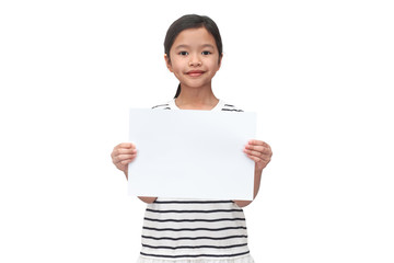 Cheerful asian girl holding white banner and copy space