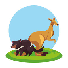 Poster - kangaroo and tasmanian devil over landscape