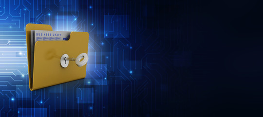 key on locked yellow folder. 3d illustration