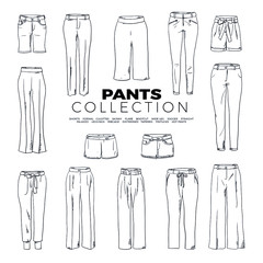 Wall Mural - Doodle set of Pants Collection – Shorts, Formal, Culottes, Skinny, Flare, Bootcut, Wide Leg, Jogger, StraightPalazzo, Leggings, Ribcage, Distressed, Tapered, Trousers, hand-drawn. Vector sketch illus