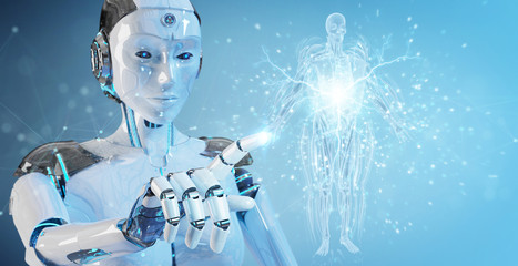 Leinwandbilder - Robot using digital x-ray human body holographic scan projection 3D rendering