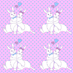 Cute hugging happy bunnies, rabbits, hares on background of polka dots. Seamless pattern. Contour illustration for Valentine's Day, Easter, coloring book, postcard, web. Outline hand drawn