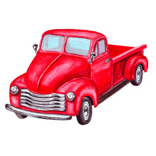 Watercolor Red Old Retro Car Pickup. Vintage Christmas Truck, Isolated	