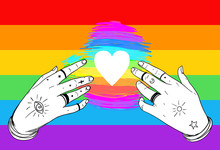Rainbow Colored Heart With Open Hands. Gay Pride. LGBT Concept. Realistic Style Vector Colorful Illustration. Sticker, Patch, T-shirt Print, Logo Design.