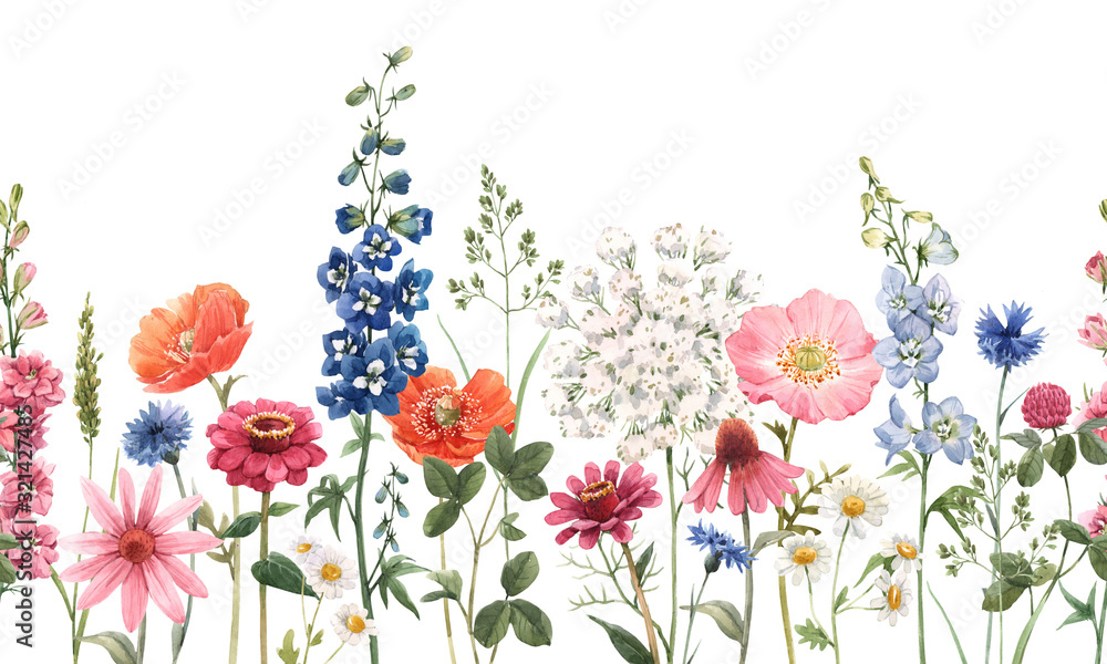 Beautiful floral summer seamless pattern with watercolor hand drawn field wild flowers. Stock illustration. - obrazy, fototapety, plakaty 
