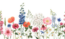 Beautiful Floral Summer Seamless Pattern With Watercolor Hand Drawn Field Wild Flowers. Stock Illustration.