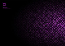 Purple Mosaic Pixel Seamless Pattern On Fade Out Black Background Texture.