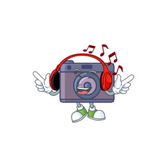 Wall Mural - Retro camera cartoon character design Listening music on a headset