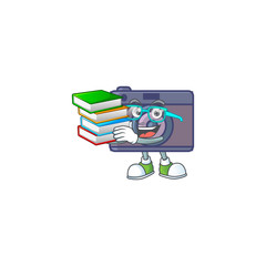 Poster - A brainy clever cartoon character of retro camera studying with some books