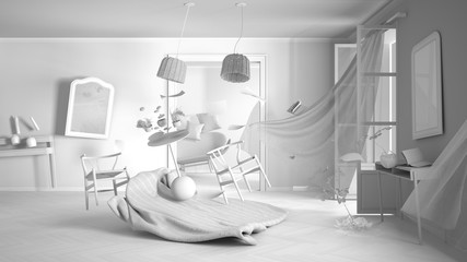 total white project draft, living room, home chaos concept with chairs and table, windows and curtai
