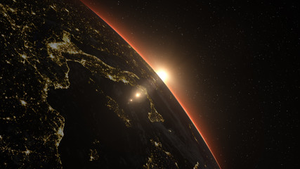 Wall Mural - beautiful view from space of the sun rising over planet earth. elements of this 3d illustration were