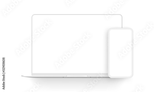 Fotomural Laptop computer and mobile phone clay mockups isolated on white background